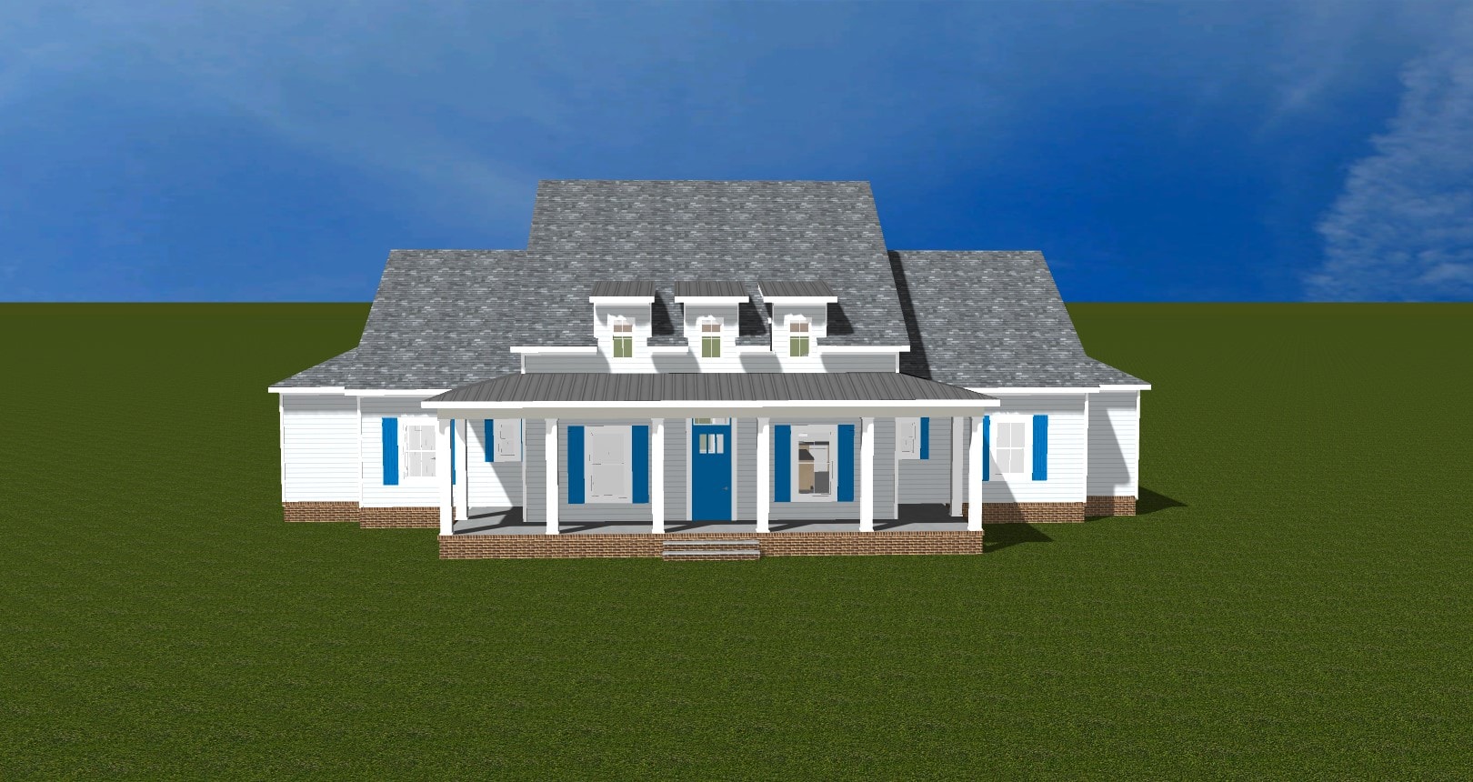 Country Farmhouse — 3D rendering, front view with blue shutters